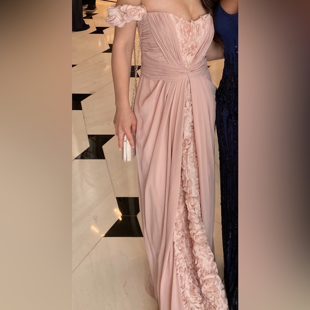 Off the shoulder rose pink chiffon evening gown
